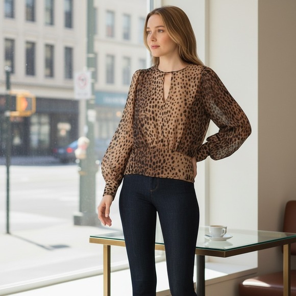 Good American Tops - Good American Leopard Print Smocked Waist Keyhole Blouse Brown Black Sz 1‎ S